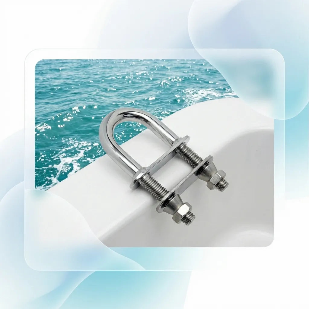 Angled view of the 316 stainless steel bow eye hardware secured to a boat transom with vibration-proof nuts.