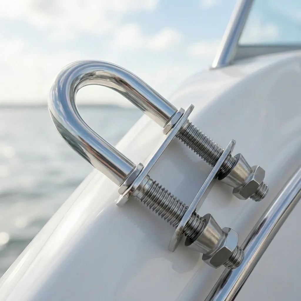 Close-up of a high-gloss marine U-bolt installed on a white fiberglass boat hull against an ocean background.