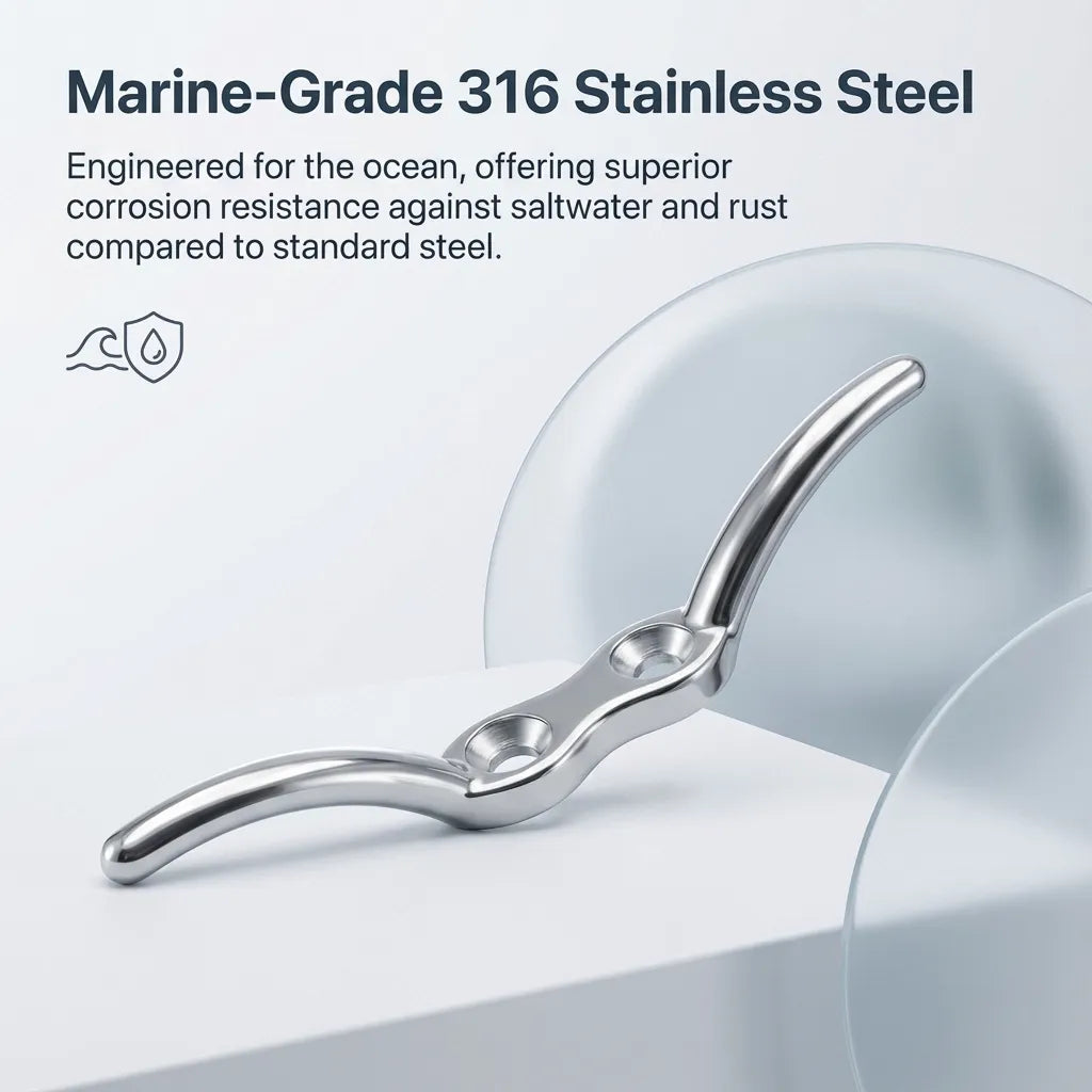 Close-up view of the marine-grade 316 stainless steel surface with technical text highlighting saltwater corrosion resistance.