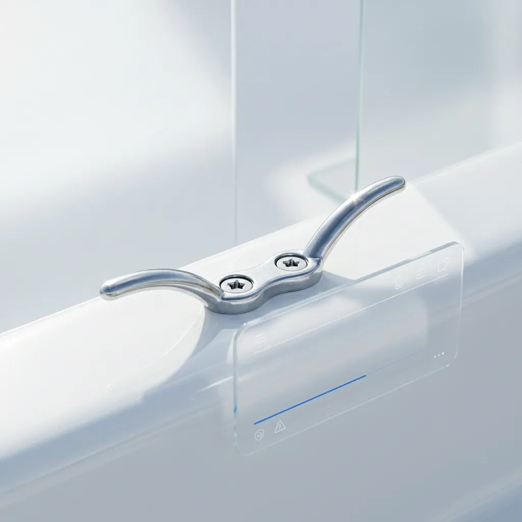 A RICHWITS clam cleat professionally mounted on a white boat deck with stainless steel star-drive screws.