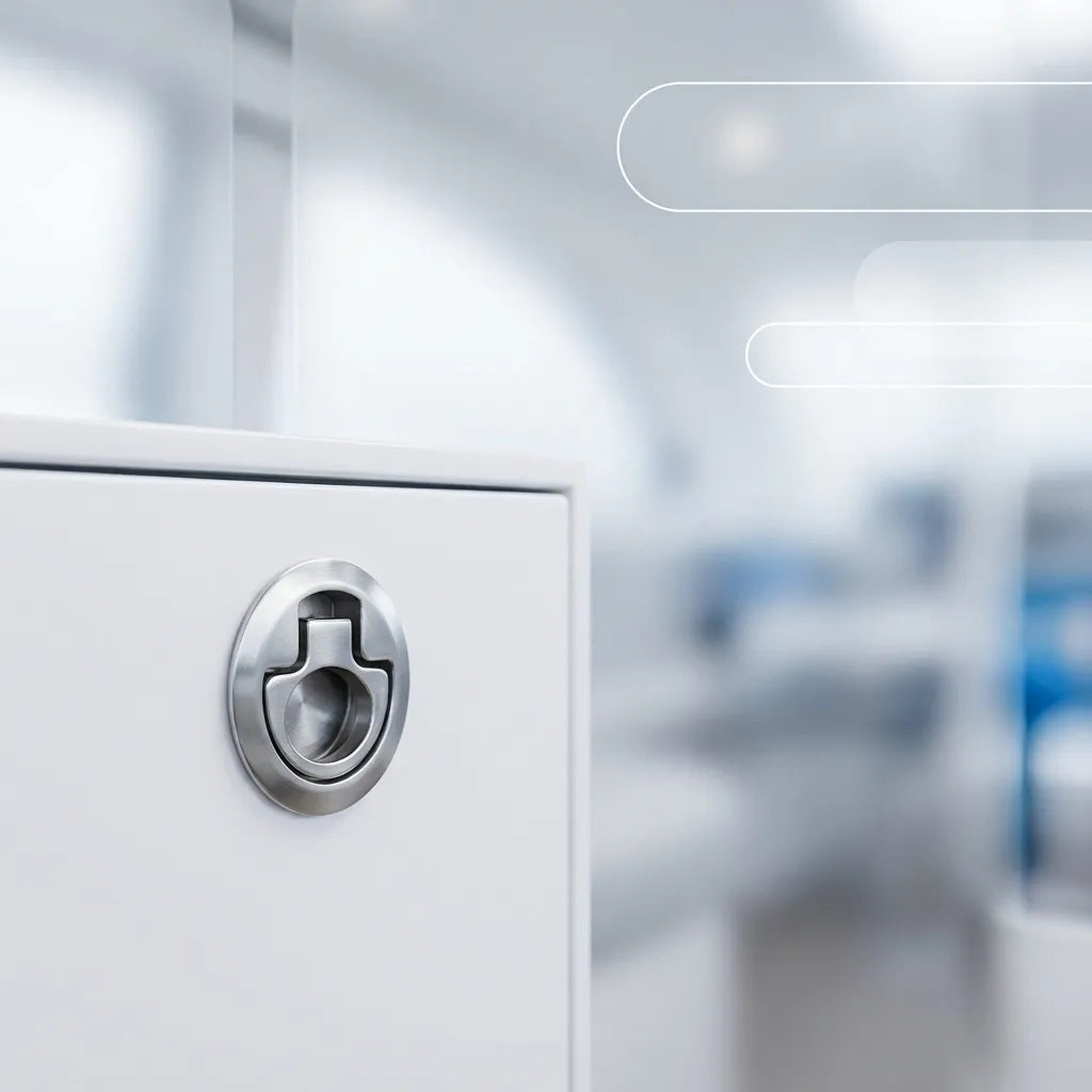 Flush mount pull handle latch installed on a vertical white boat storage compartment door in a cabin setting.