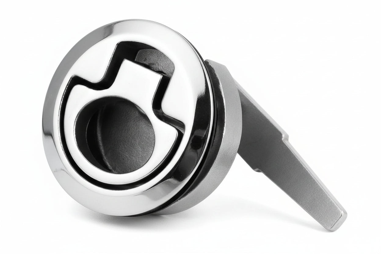 Premium 316 stainless steel flush pull slam latch with mirror polish finish on a white background for marine boat hatch applications.