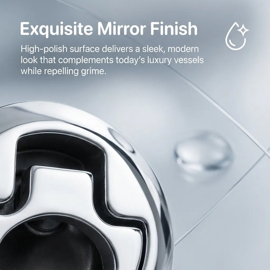 Macro detail shot of the exquisite mirror finish on the marine grade 316 stainless steel hatch latch surface.