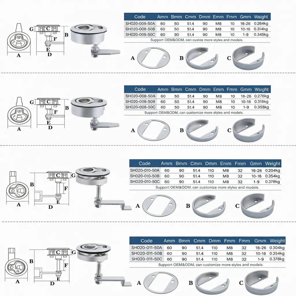 Technical engineering diagram and dimension table for various models of the flush pull slam latch showing mounting specs and weights.