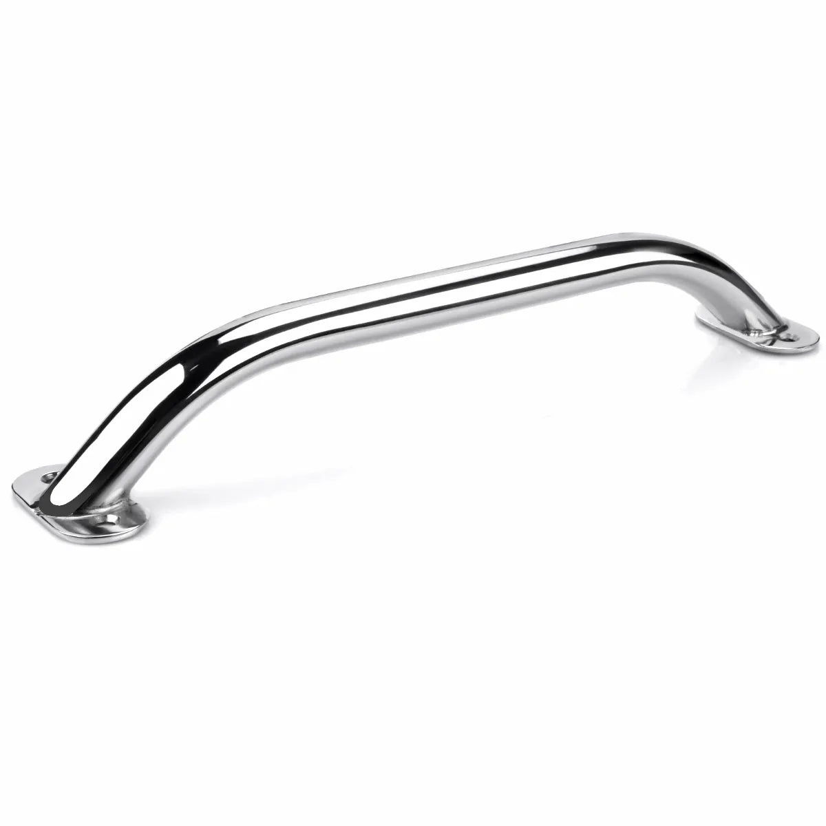 Mirror-polished 316 stainless steel marine grab handle with ergonomic oval grip, shown on a white background.
