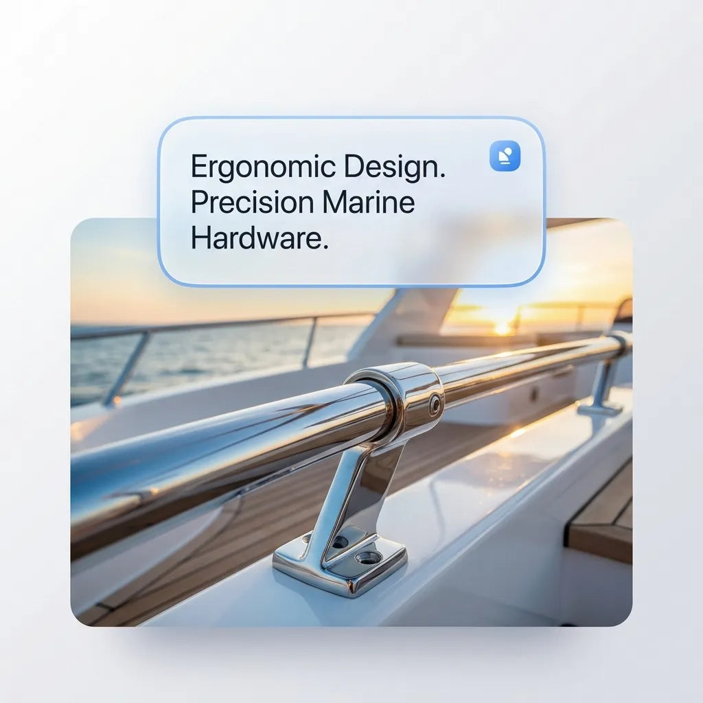 Close-up of the 60-degree stainless steel stanchion installed on a luxury yacht deck supporting a horizontal marine handrail.