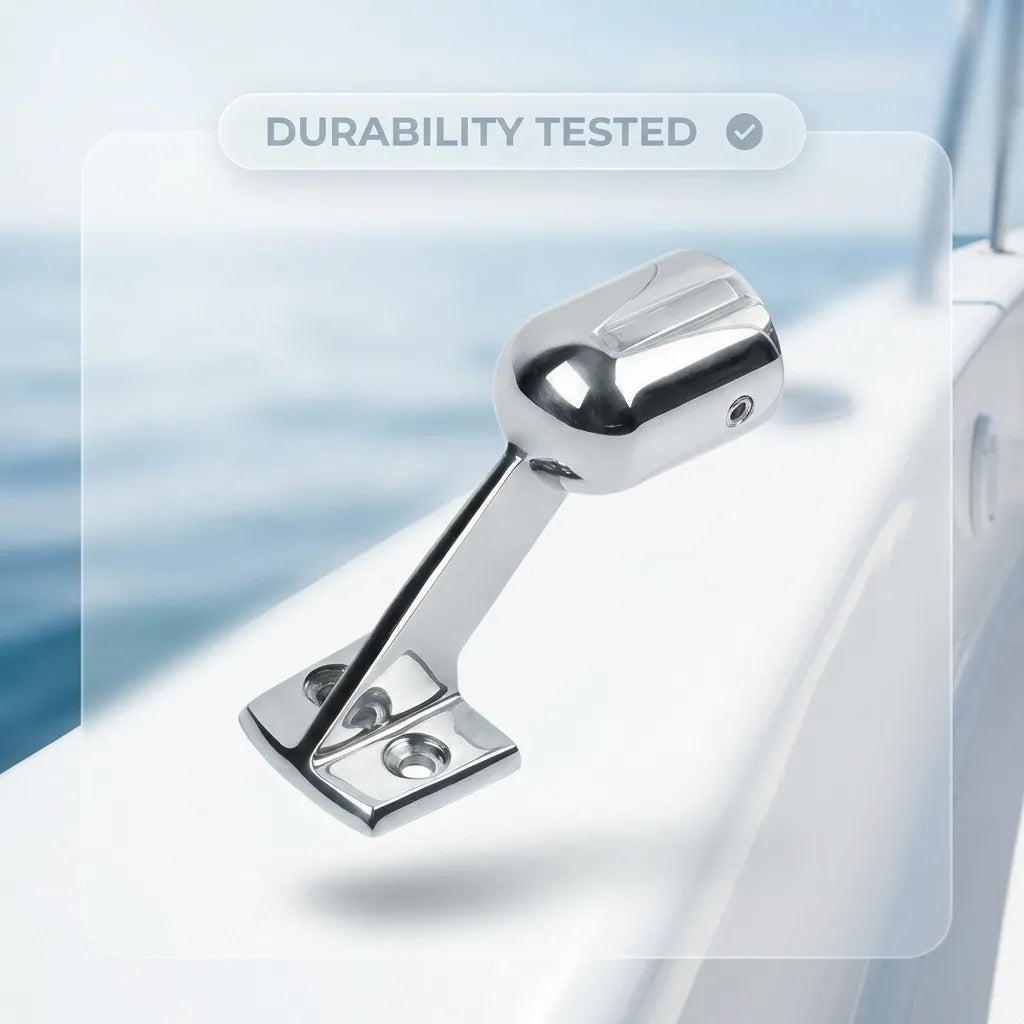 Stanchion bracket with a durability tested badge indicating high structural integrity for deck hardware.