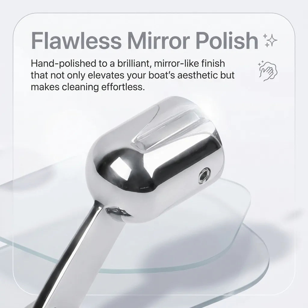 Extreme close-up focusing on the hand-polished mirror finish and effortless cleaning surface of the rail connector.