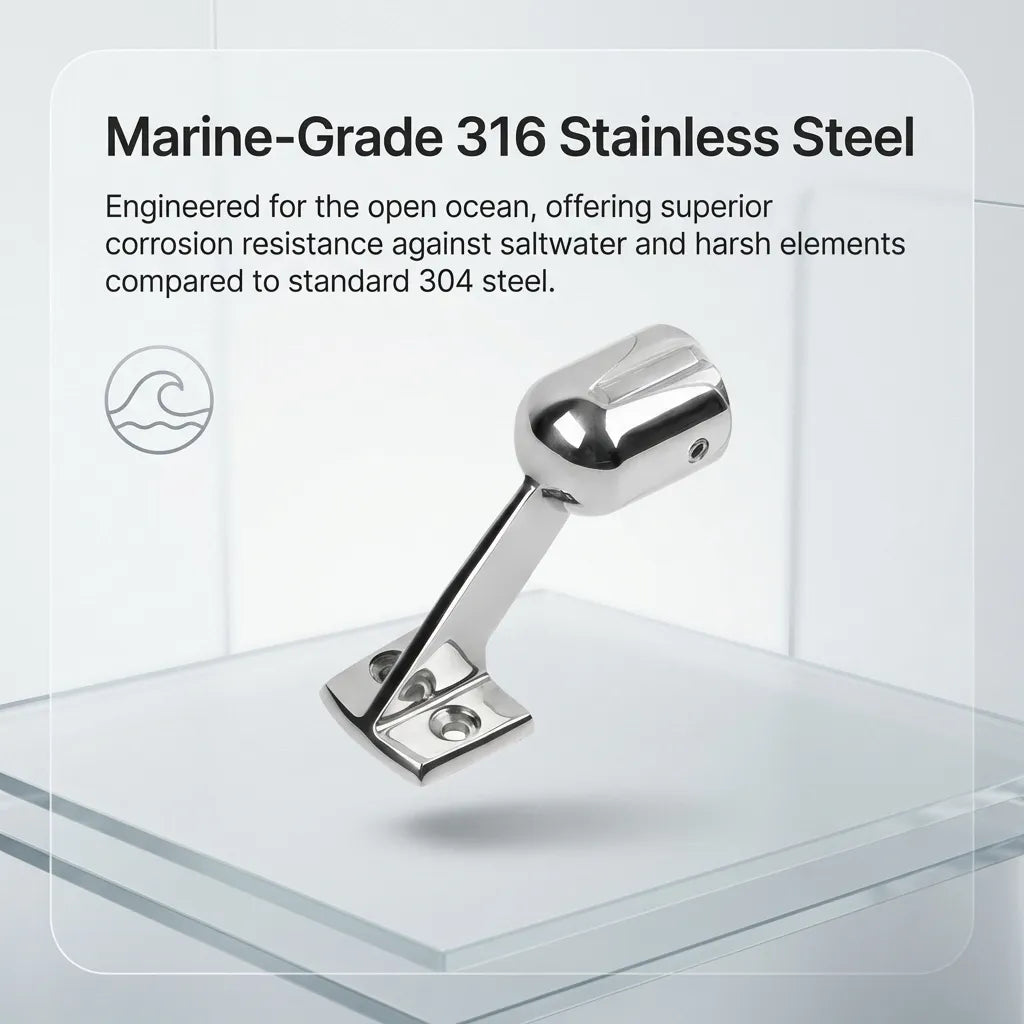 Iconographic overlay highlighting the open-ocean durability and saltwater corrosion resistance of marine-grade 316 steel.