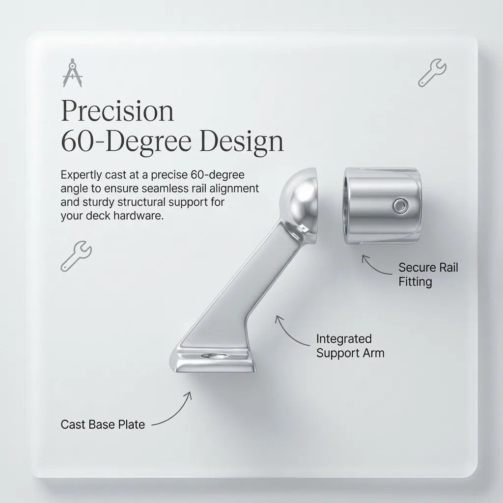 Technical breakdown showing the cast base plate, integrated support arm, and secure rail fitting of the 60-degree stanchion.