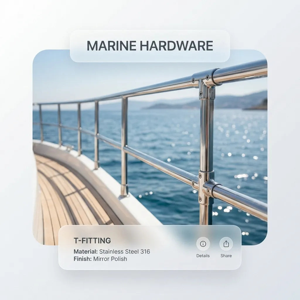 Panoramic view of a yacht deck featuring multiple stainless steel rail connectors and fittings against a blue sea.