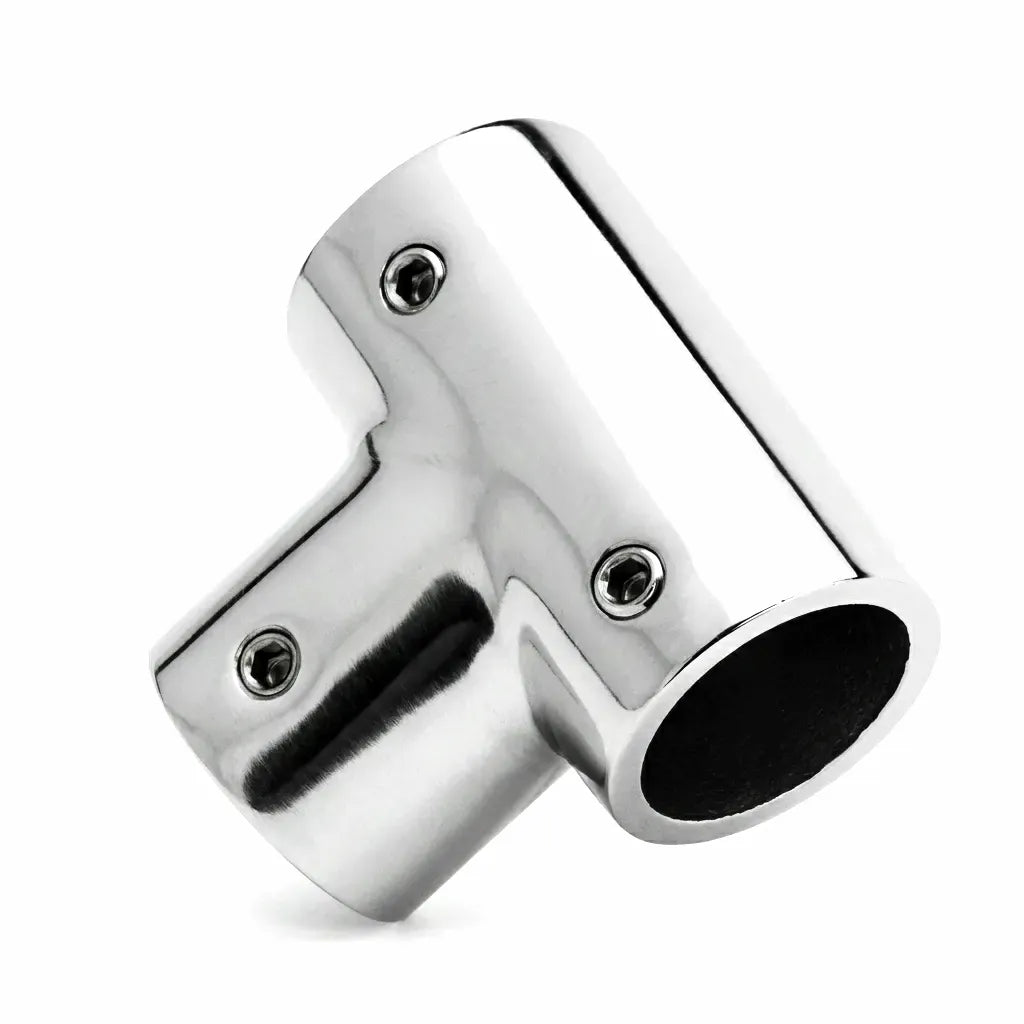 Mirror-polished 316 stainless steel T-fitting boat handrail connector on a pure white background.