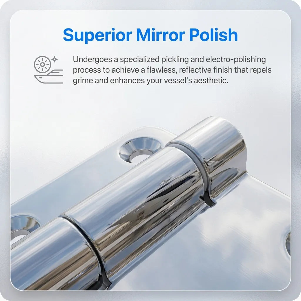 Extreme close-up of the electropolished hinge barrel showing the high-reflectivity surface and precision machining tolerances.