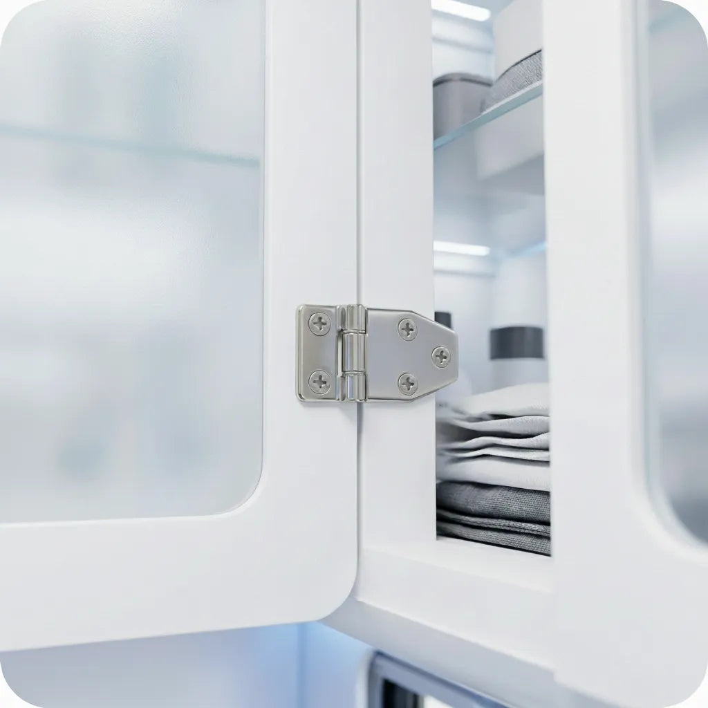 A mirror-polished offset hinge mounted on a modern white interior cabinet door in a luxury RV or yacht galley.