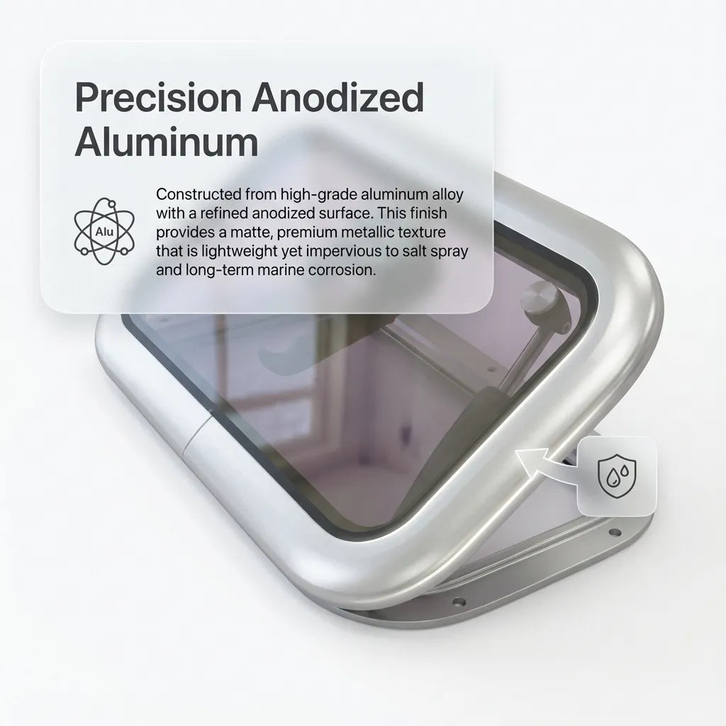 Close-up of the anodized aluminum frame with technical callouts highlighting its salt spray resistance and premium matte metallic texture.