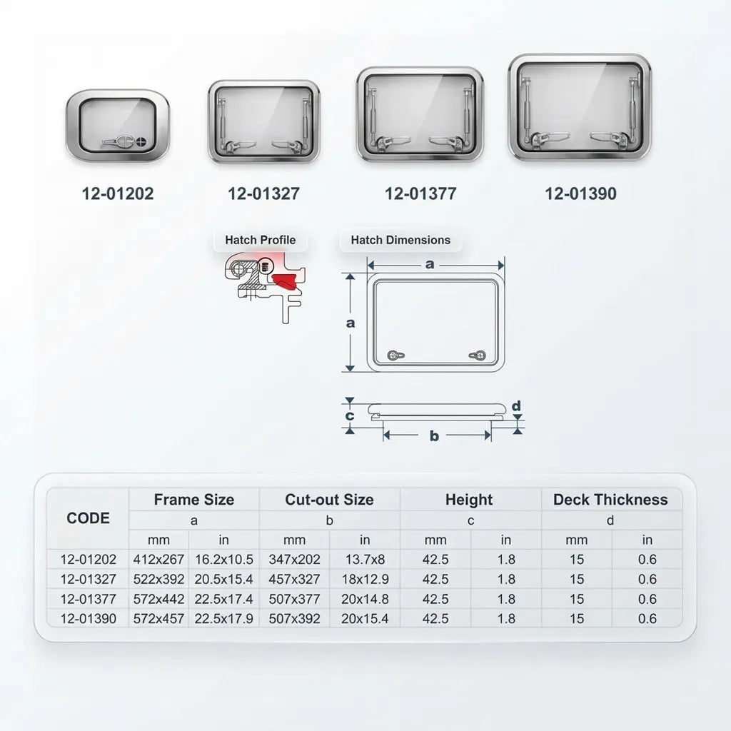 Dimension chart and technical drawings for models 12-01202, 12-01327, 12-01377, and 12-01390, showing frame size, cut-out dimensions, height, and deck thickness.
