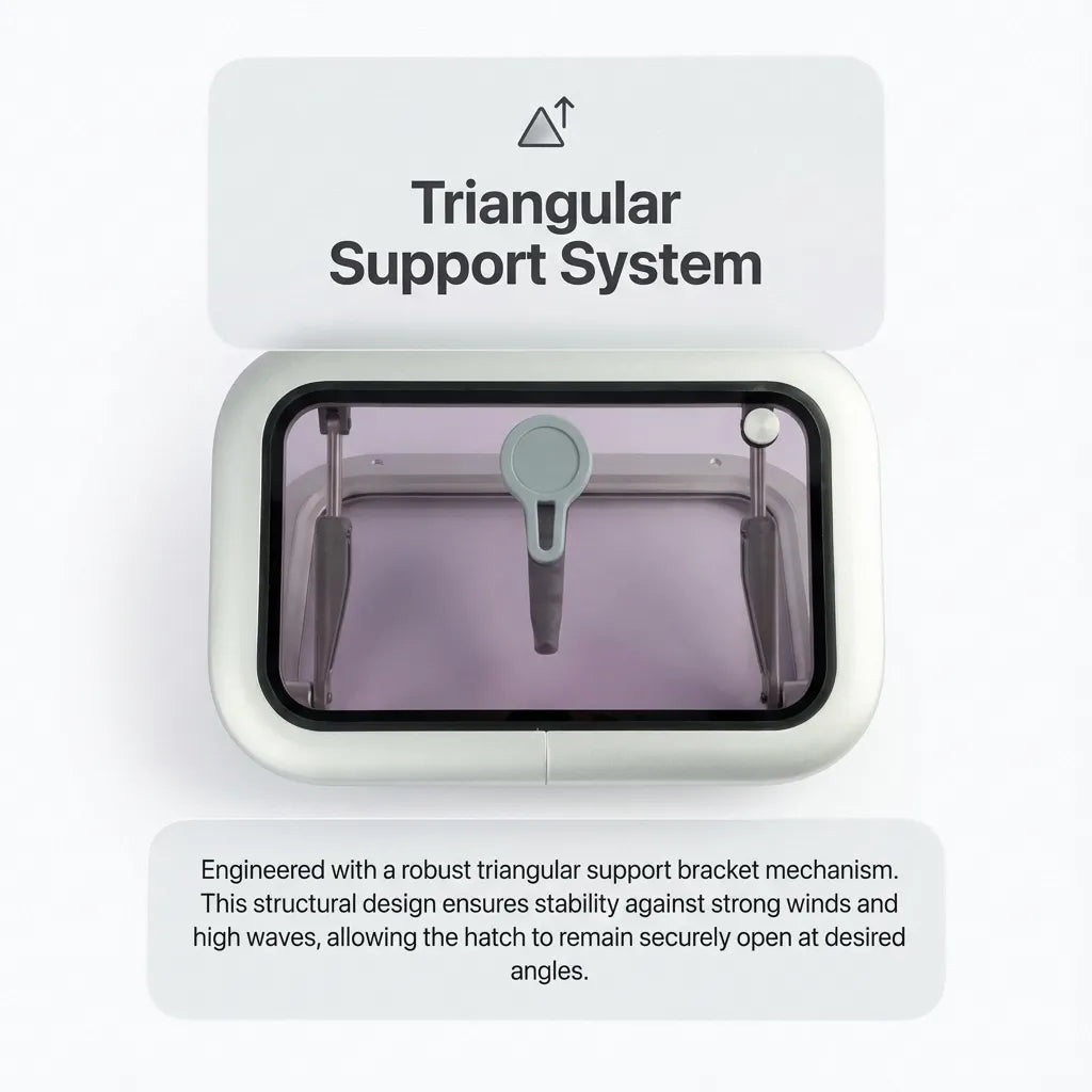 Technical view of the robust triangular support bracket designed to secure the hatch at specific angles against high winds and waves.