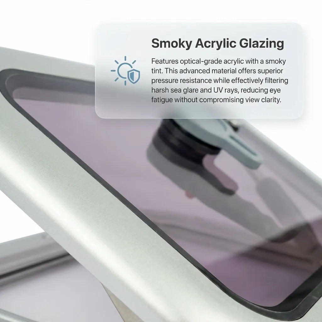 Detail view of the optical-grade smoky acrylic glazing, highlighting its UV filtering capabilities and pressure-resistant material properties.