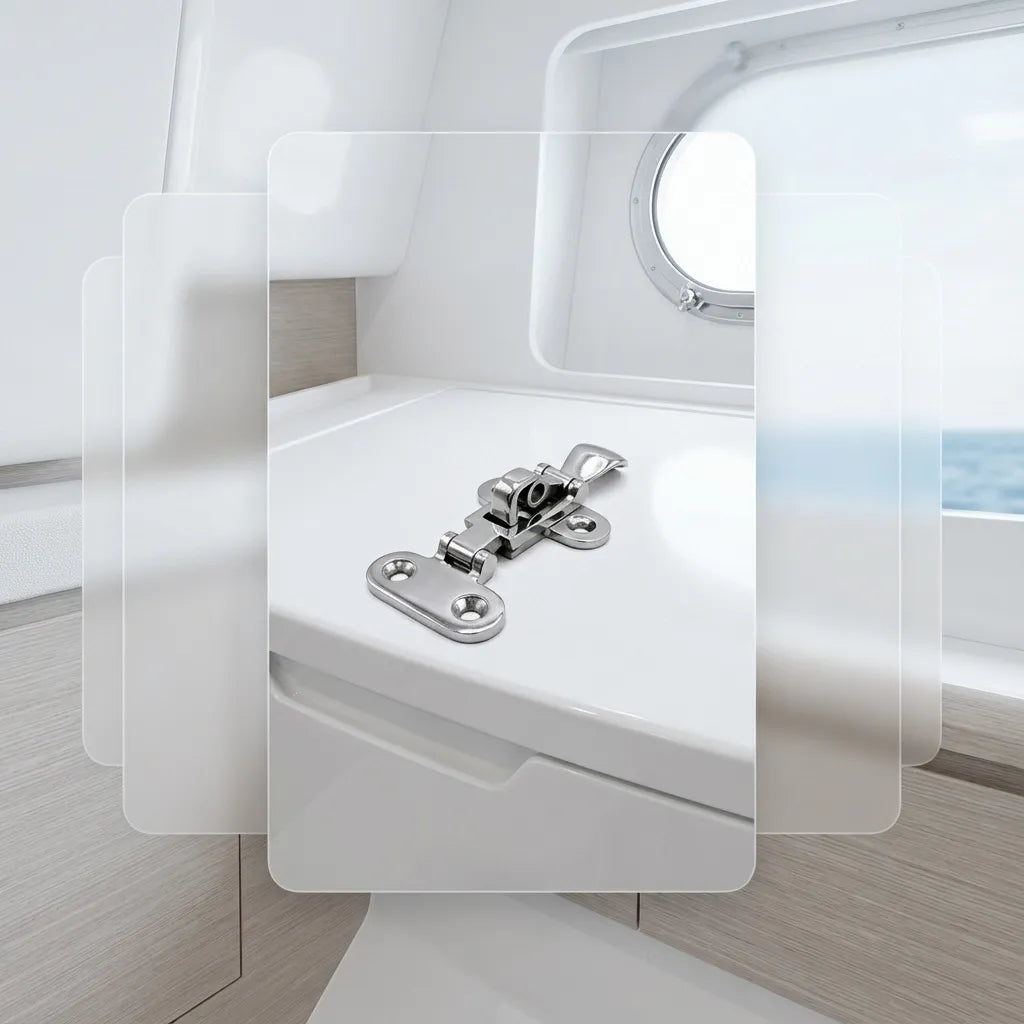 The anti-rattle hatch latch installed on a sleek white boat hatch within a modern vessel interior, demonstrating its low-profile flush fit.