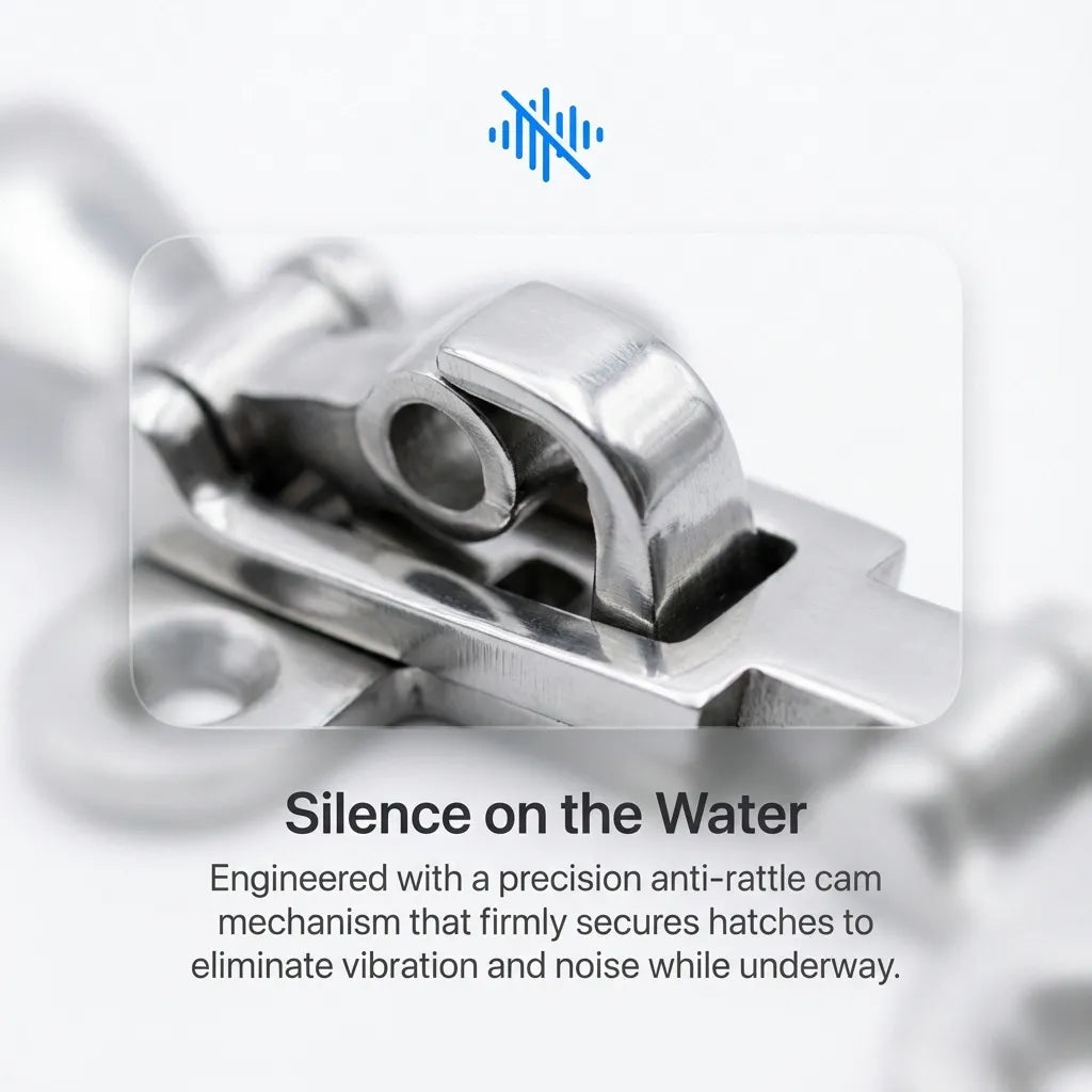 Close-up macro shot of the precision anti-rattle cam mechanism designed to eliminate vibration and noise while the vessel is underway.