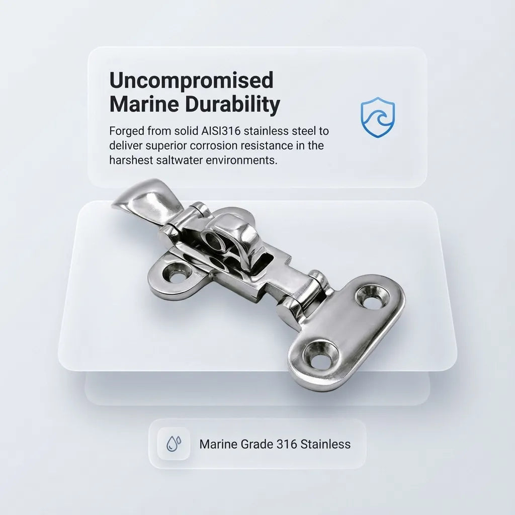Feature card highlighting 'Uncompromised Marine Durability' with text explaining the solid AISI316 stainless steel construction for corrosion resistance.