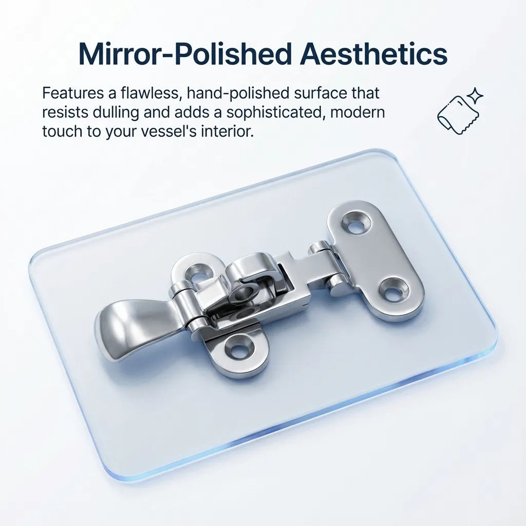 Close-up of the mirror-polished surface of the latch, emphasizing its flawless hand-polished finish and modern aesthetic.