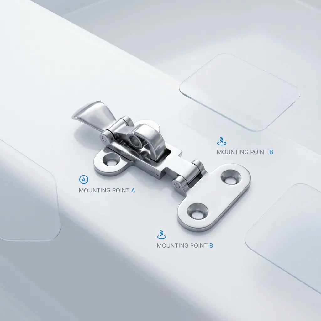 Instructional view showing Mounting Point A on the latch and Mounting Point B on the strike plate for installation guidance.