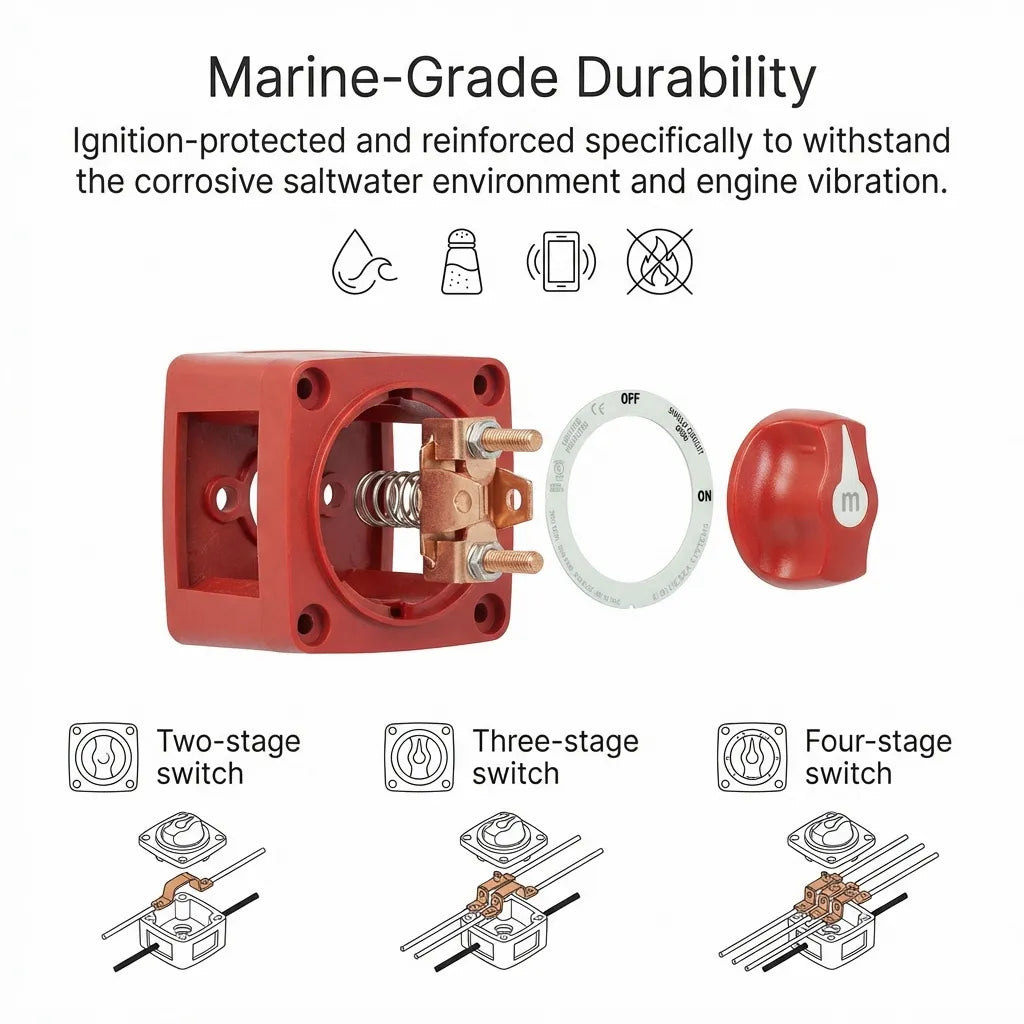 Exploded view showing tin-plated copper studs and internal spring mechanism with wiring diagrams for different circuit stages.