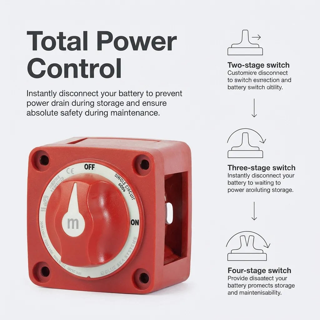 Diagram explaining total power control and battery protection during storage and maintenance periods.