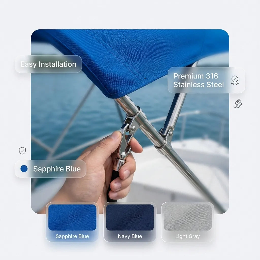 Close-up of a hand engaging a premium 316 stainless steel quick-release hook on a blue marine bimini top.