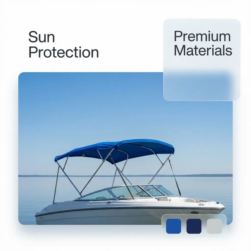 Sapphire Blue Bimini Top installed on a white speed boat cruising on open water under a clear blue sky.