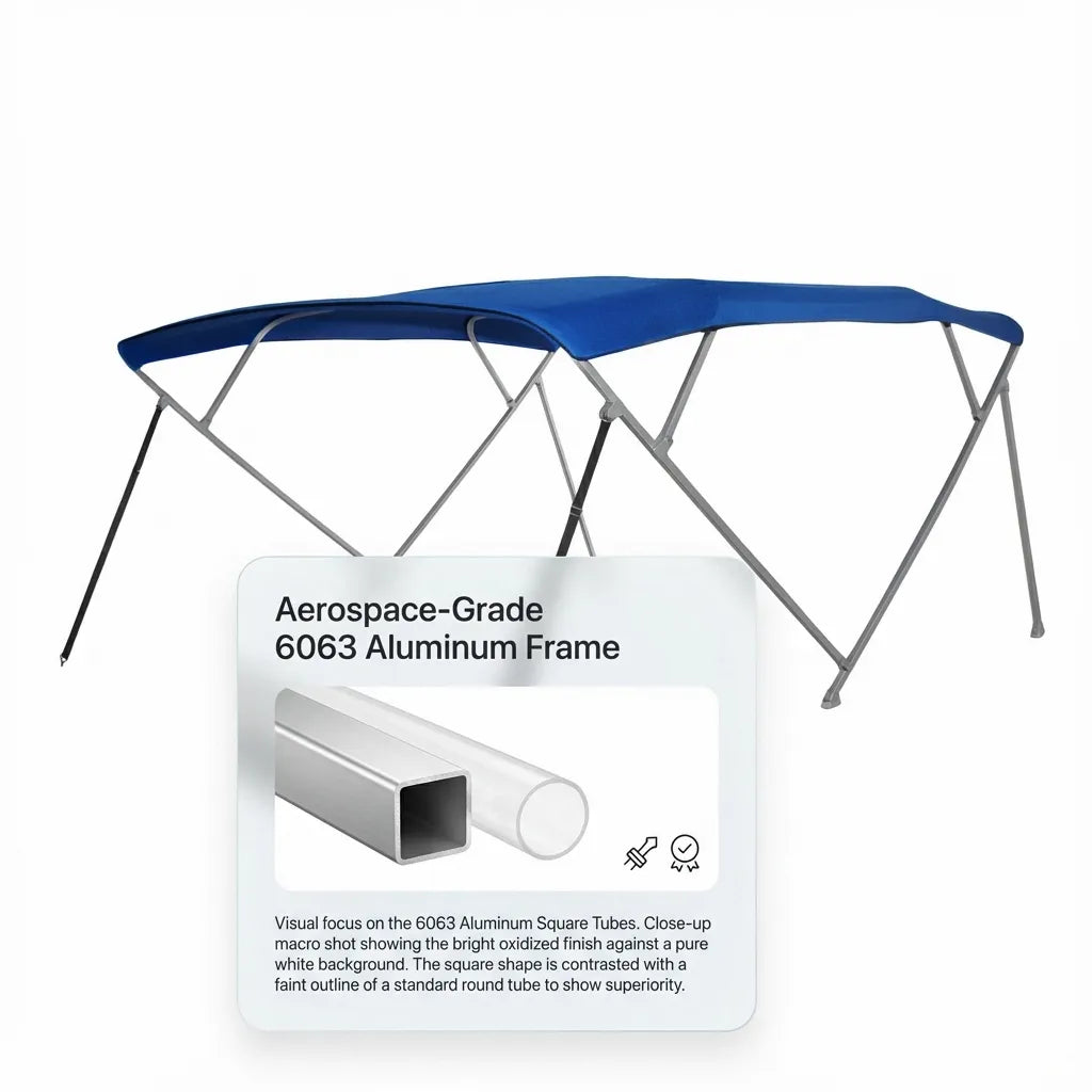 Comparison diagram showing the structural superiority of 6063 aluminum square tubes over standard round tubing for boat frames.