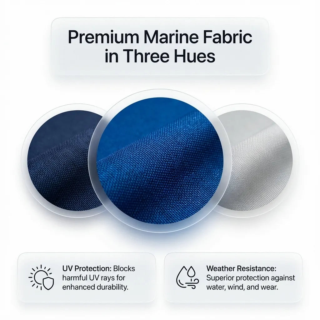 Material analysis of premium marine fabric available in Sapphire Blue, Navy Blue, and Light Gray with UV protection icons.