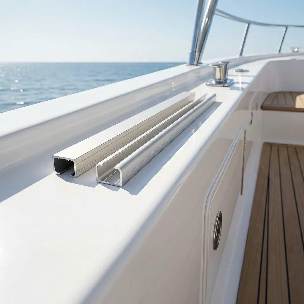 Anodized aluminum slide tracks installed on the white fiberglass deck of a luxury yacht under bright sunlight.