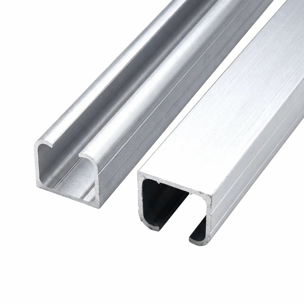 Hero shot of dual extruded aluminum bimini top slide tracks with a C-channel profile on a white background.