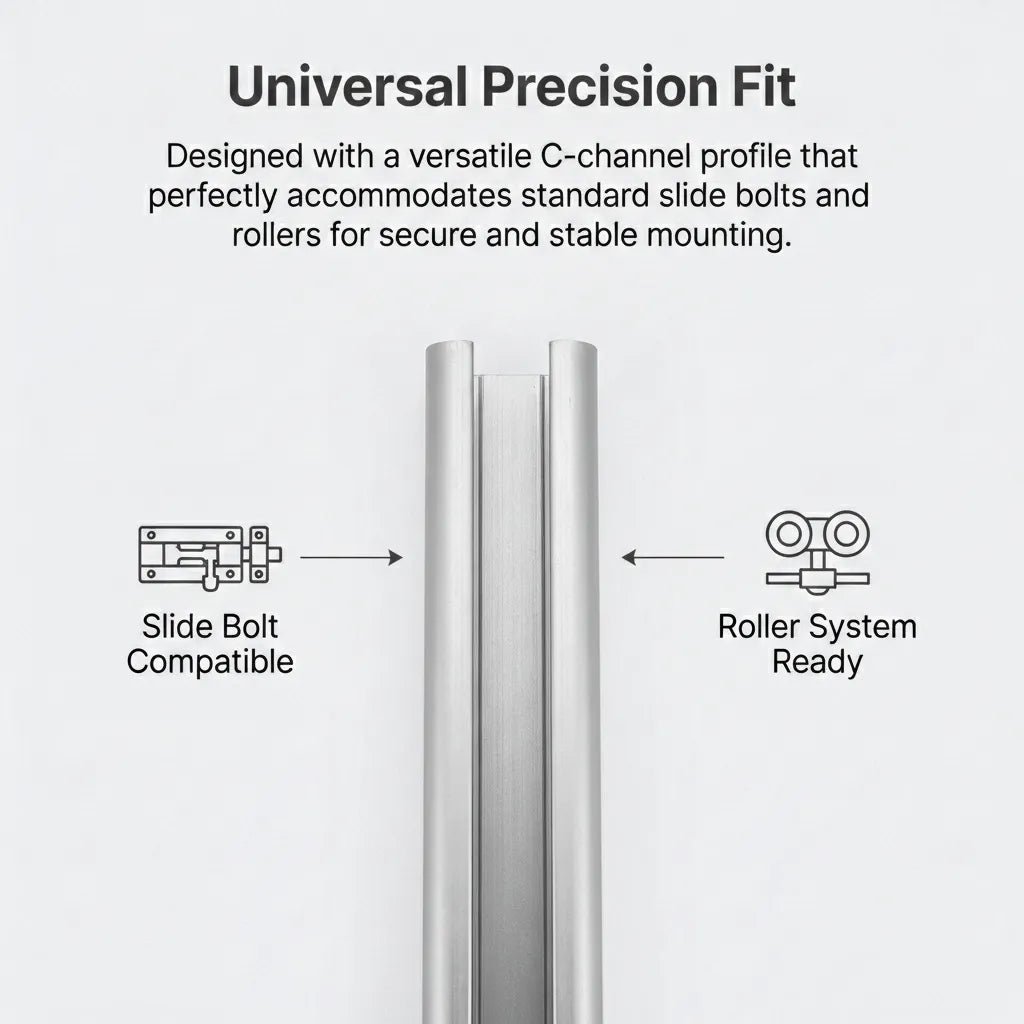 Graphic illustrating universal precision fit for slide bolts and roller systems within the aluminum C-channel profile.