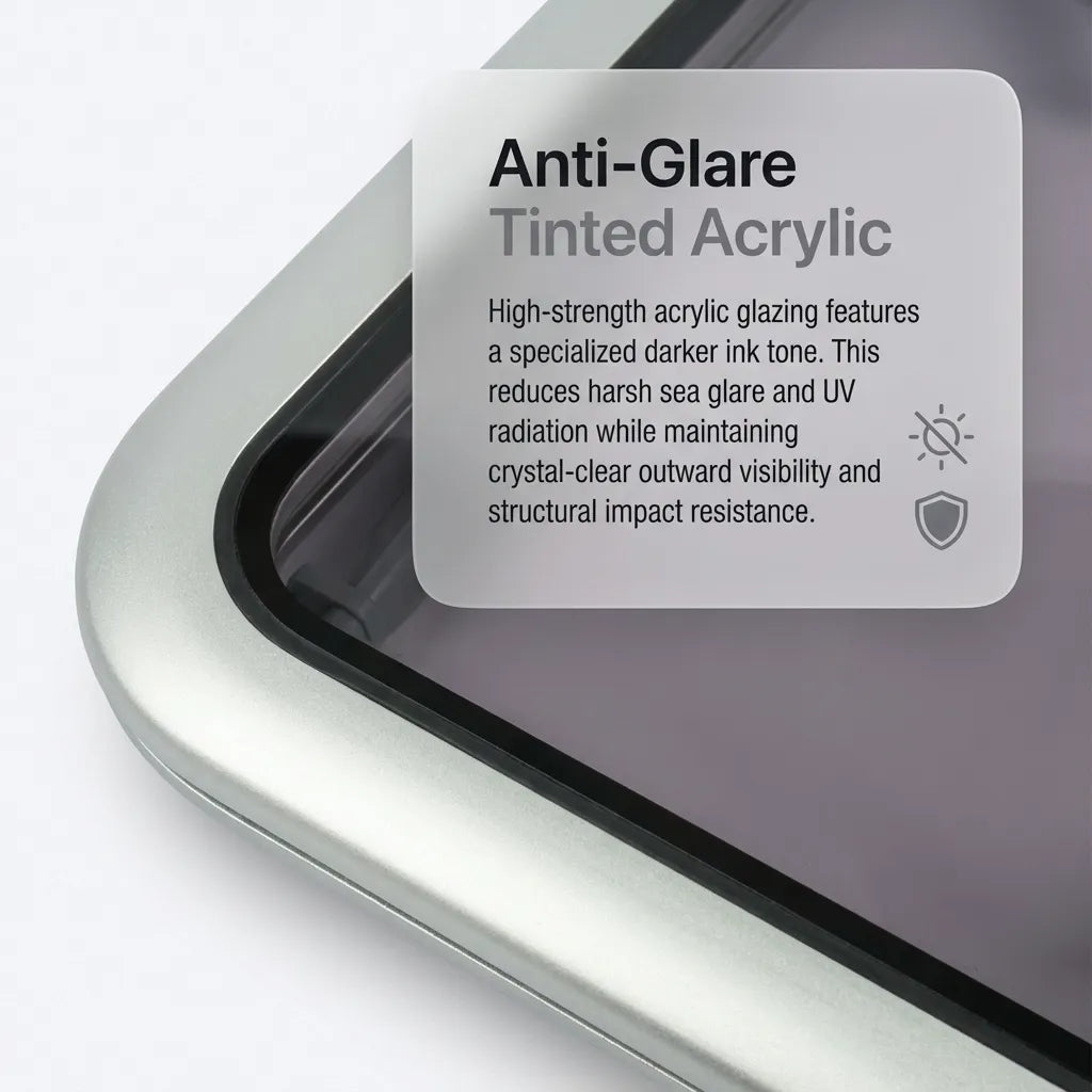 Macro view of the high-strength tinted acrylic window focusing on the anti-glare ink tone and UV radiation protection properties.