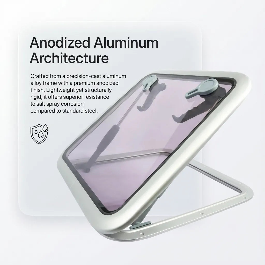 Diagram explaining the anodized aluminum architecture of the hatch frame, highlighting salt spray corrosion resistance compared to steel.