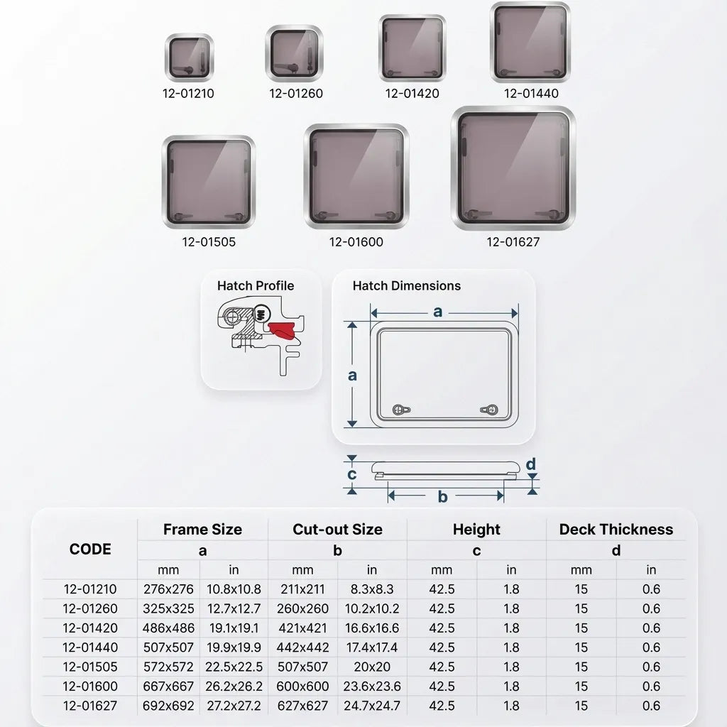 Table listing technical specifications including frame size, cut-out size, height, and deck thickness for codes 12-01210 through 12-01627.