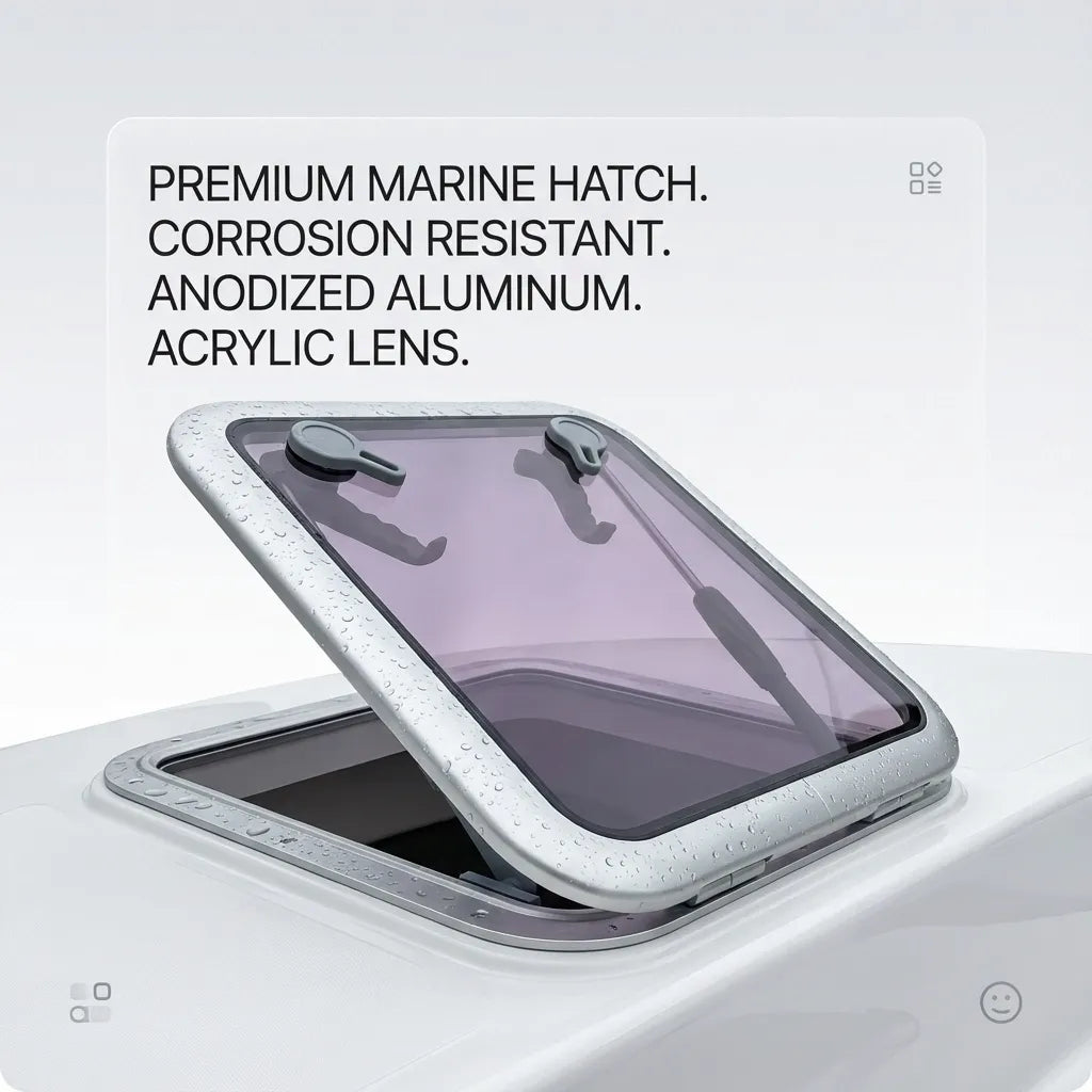 Anodized aluminum marine hatch installed on a white boat deck with water droplets illustrating salt-spray corrosion resistance.