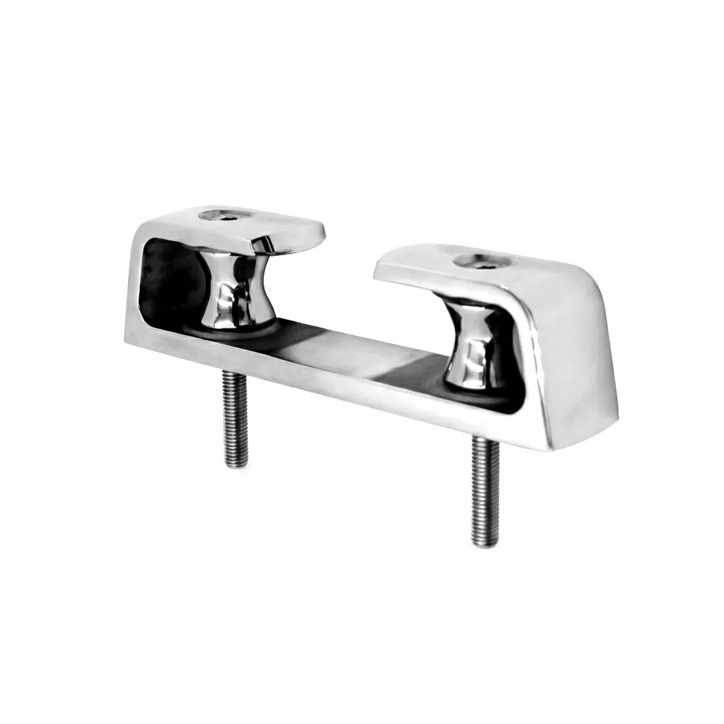 Professional 316 stainless steel boat fairlead with dual roller wheels on a white background.