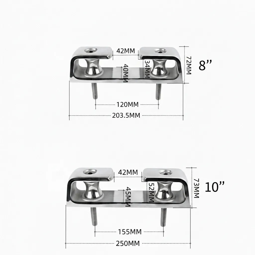 Technical drawing with dimensions for 8-inch and 10-inch fairlead variants, including 203.5mm and 250mm lengths.