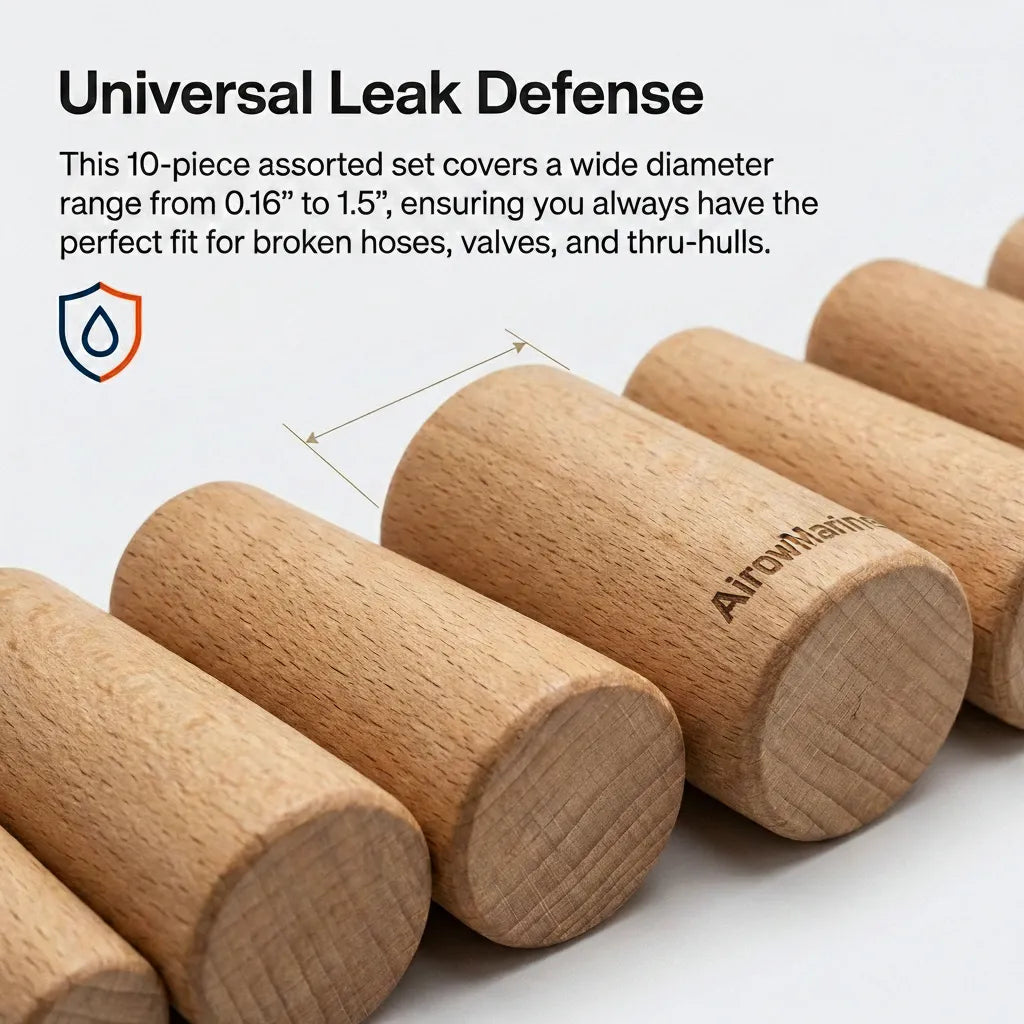 Detail shot of the AirowMarine logo engraved on a softwood plug with text highlighting the 0.16 inch to 1.5 inch diameter range.