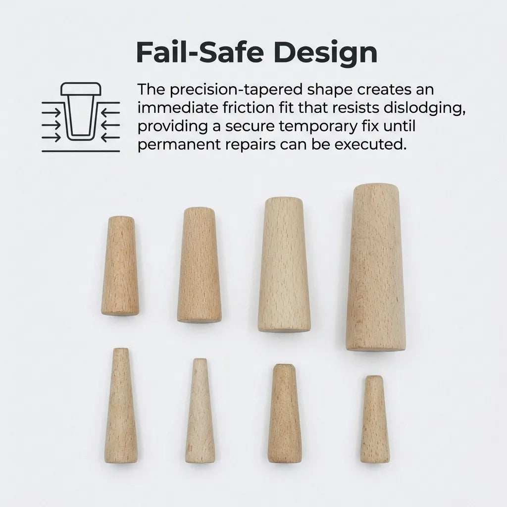 Diagram showing the fail-safe tapered design creating an immediate friction fit to resist dislodging during emergency leak repairs.