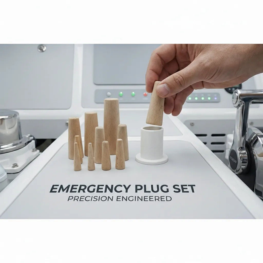 Close-up of a hand inserting a precision-tapered softwood plug into a white marine thru-hull fitting on a boat deck.