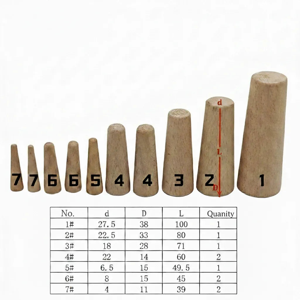 Technical diagram showing 7 distinct sizes of wooden plugs labeled 1 through 7 with a corresponding measurement table for diameters D, d, and length L.