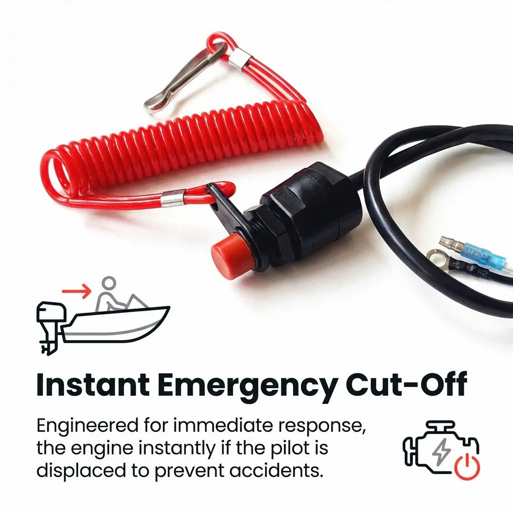 Diagram showing instant emergency cut-off mechanism designed to stop the outboard engine if the pilot is displaced.