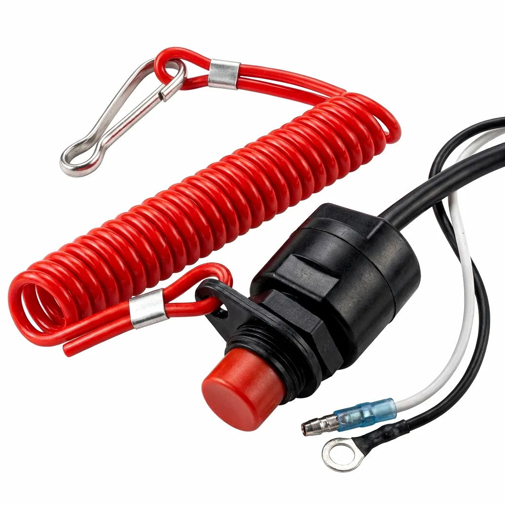 High-impact ABS marine engine kill switch assembly with red coiled safety lanyard and terminal connectors on a white background.