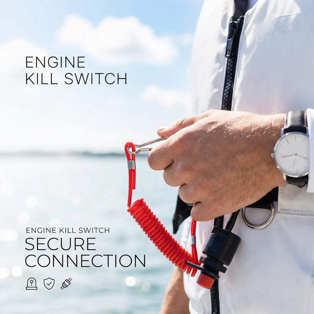 Close-up of the safety lanyard clipped to a boater's life jacket for secure engine cut-off protection.