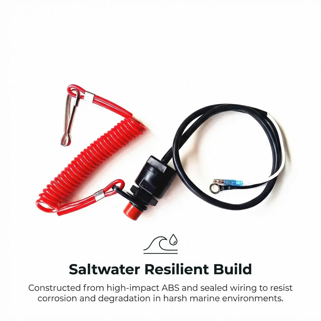 Graphic highlighting the saltwater resilient build with high-impact ABS and sealed wiring for marine environments.